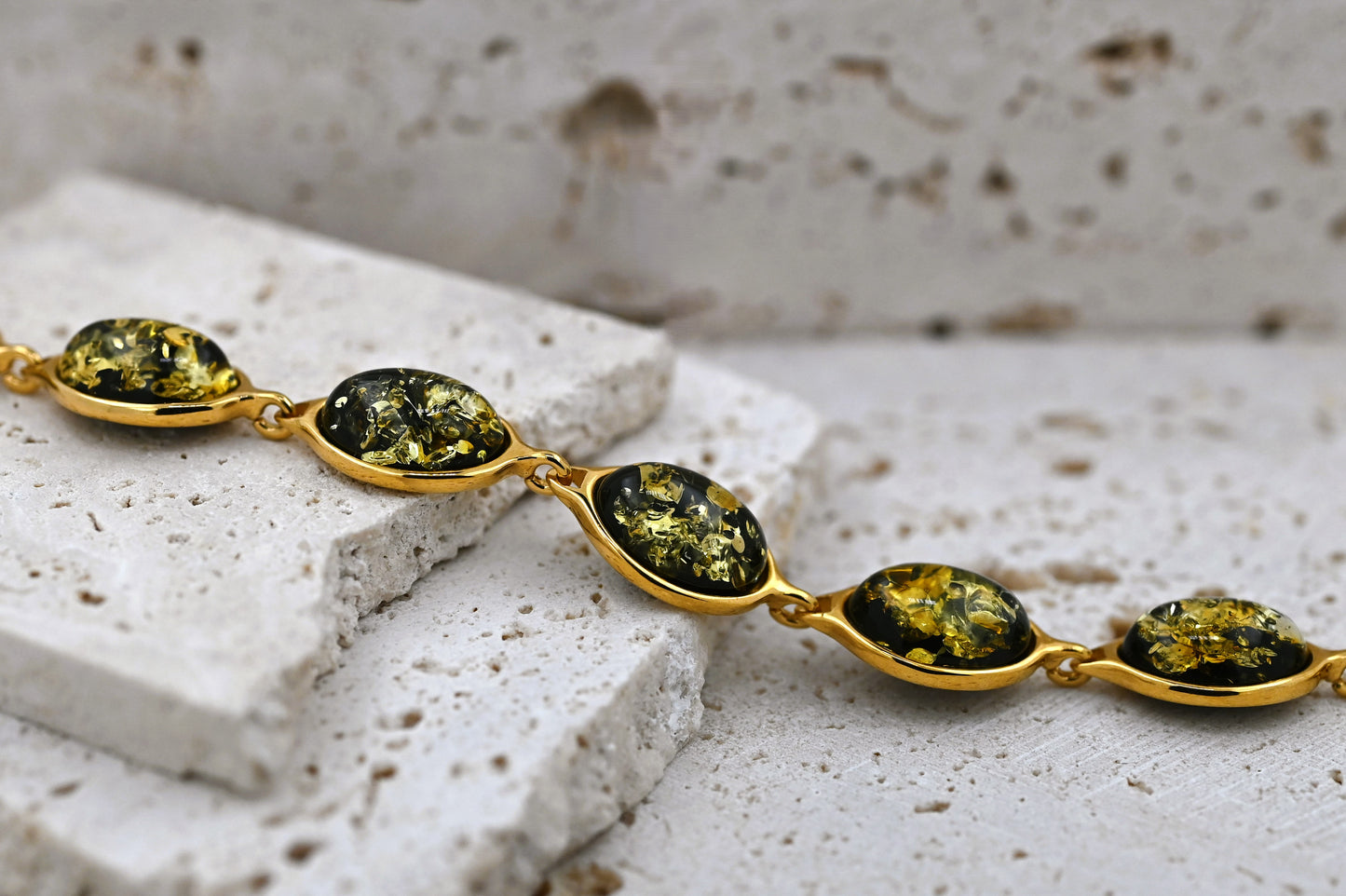 Elegance Amber Bracelet, Green, Gold Plated Silver