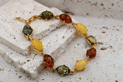 Baltic Amber Bracelet, Multicolor, Gold-Plated Silver 925