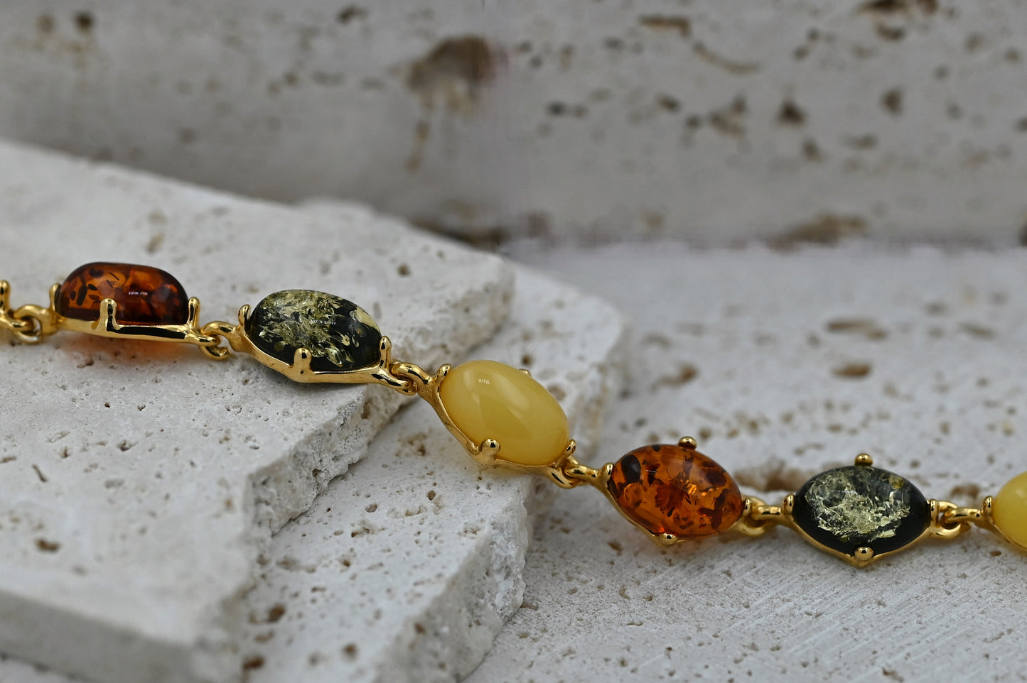 Baltic Amber Bracelet, Multicolor, Gold-Plated Silver 925