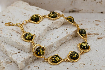 Bransoletka Bursztynowe Serce, Zielony, Pozłacane Srebro 925