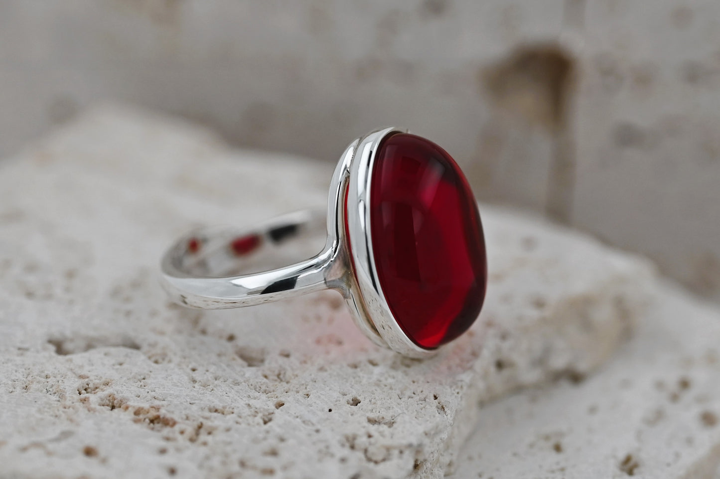 Classic Amber Ring, Red, Silver 925