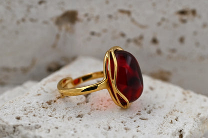 Amber Wave Ring, Red, Gold-plated Silver