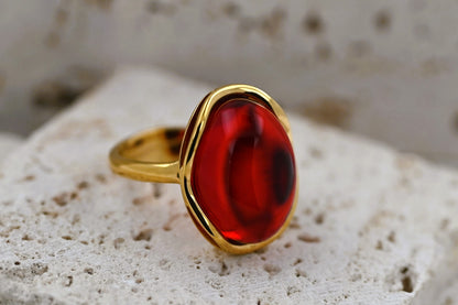 Amber Wave Ring, Red, Gold-plated Silver