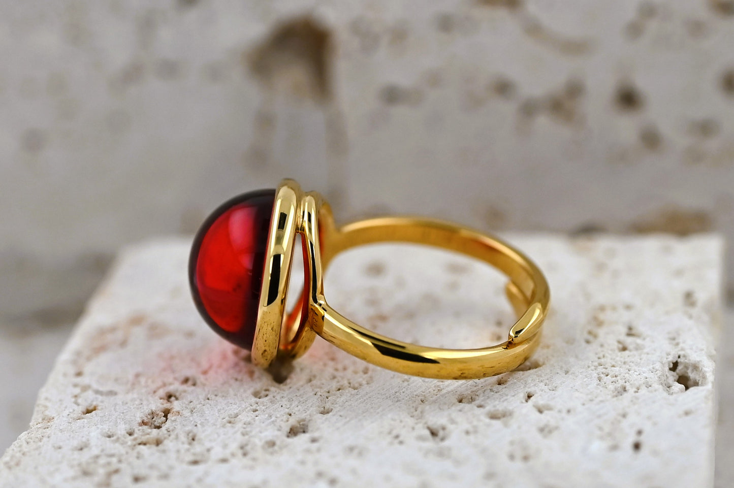 Amber Aura Ring, Red, Gold Plated Silver