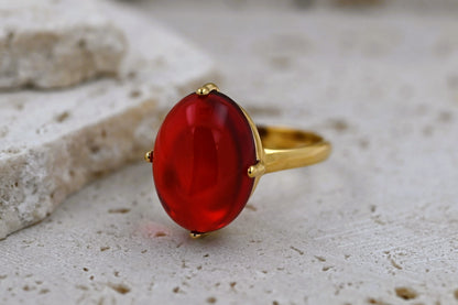 Amber Glow Ring, Red, Gold-plated Silver