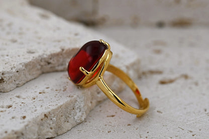 Amber Glow Ring, Red, Gold-plated Silver