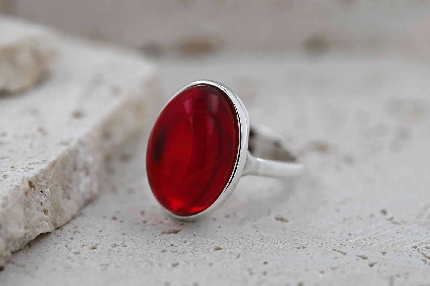 Classic Amber Ring, Red, Silver 925