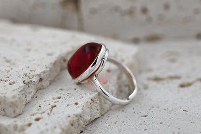 Classic Amber Ring, Red, Silver 925