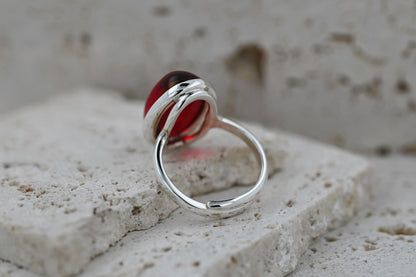 Classic Amber Ring, Red, Silver 925