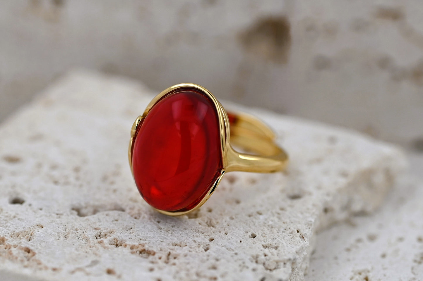 Amber Harmony Ring, Red, Gold-plated Silver