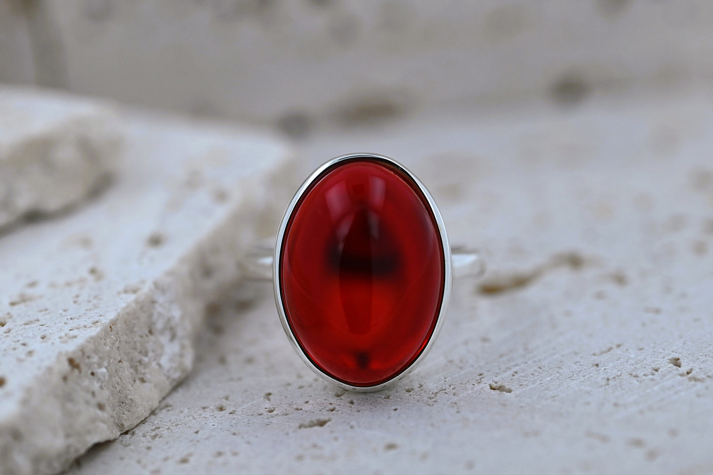 Classic Amber Ring, Red, Silver 925