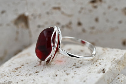 Amber Wave Ring, Red, Silver 925