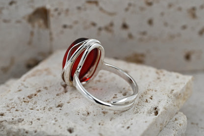 Amber Wave Ring, Red, Silver 925