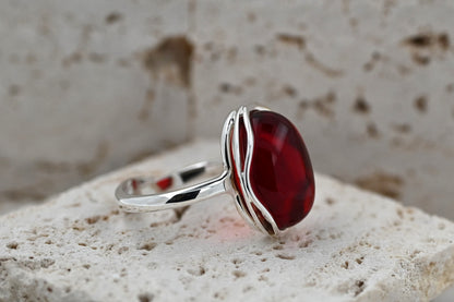 Amber Wave Ring, Red, Silver 925