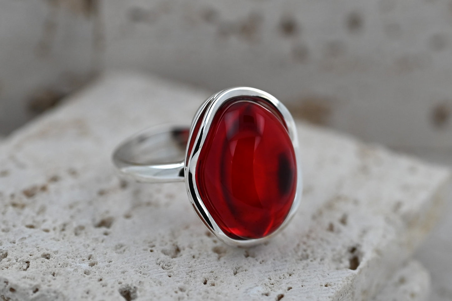 Amber Wave Ring, Red, Silver 925