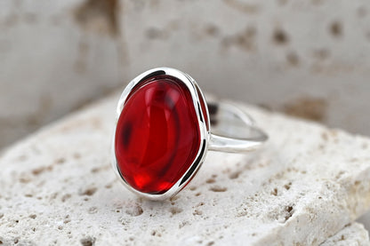 Amber Wave Ring, Red, Silver 925