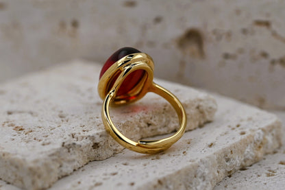 Classic Amber Ring, Red, Gold-plated silver