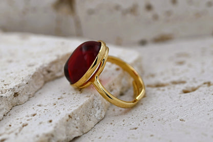 Classic Amber Ring, Red, Gold-plated silver