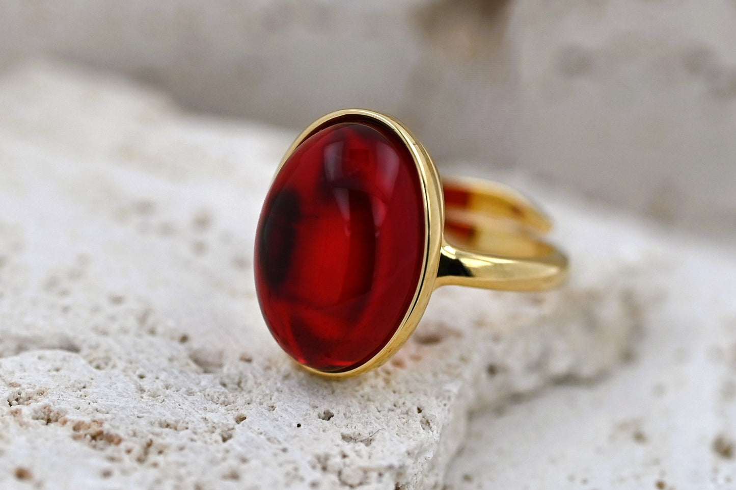 Classic Amber Ring, Red, Gold-plated silver