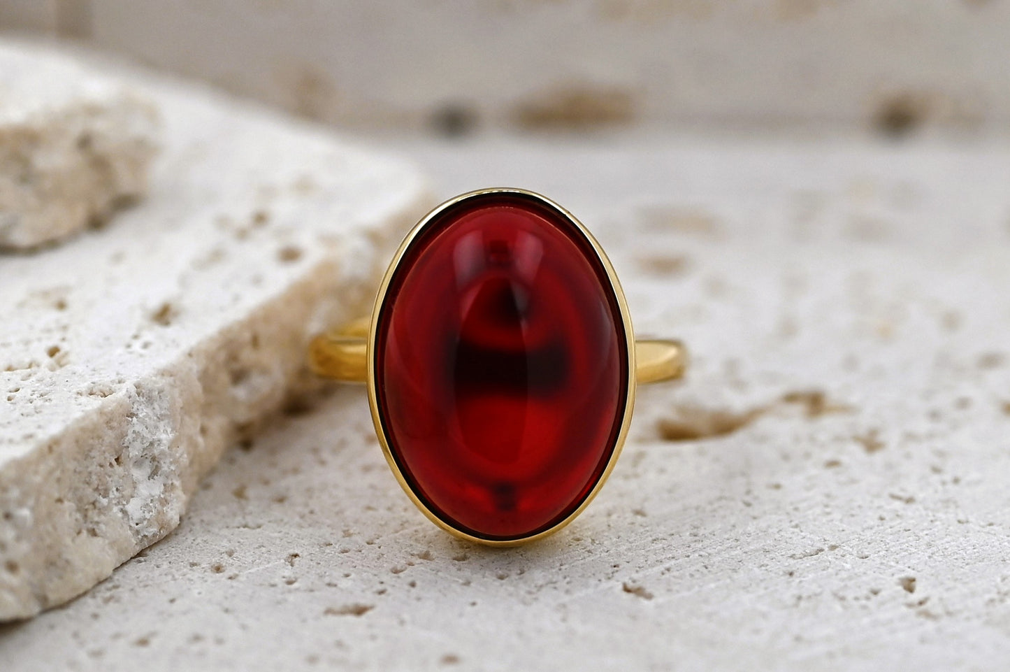 Classic Amber Ring, Red, Gold-plated silver