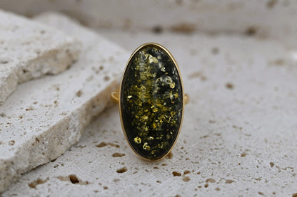 Green Baltic Amber Ring, Oval, Gold-plated Silver