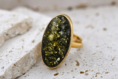 Green Baltic Amber Ring, Oval, Gold-plated Silver