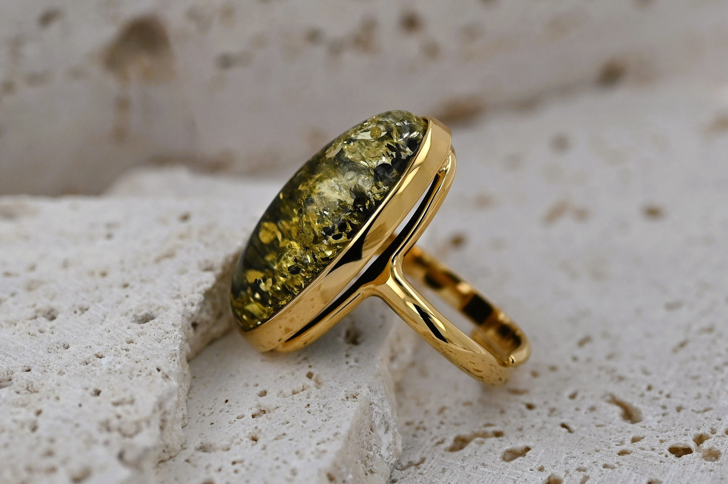 Green Baltic Amber Ring, Oval, Gold-plated Silver