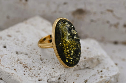 Green Baltic Amber Ring, Oval, Gold-plated Silver