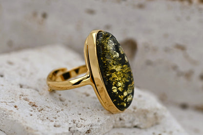 Green Baltic Amber Ring, Oval, Gold-plated Silver