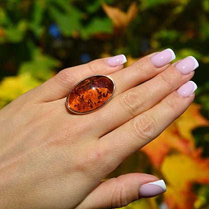 Oval Amber Ring, Cognac, Gold Plated Silver