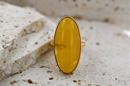 Large Baltic Amber Ring, Yellow, Gold-plated Silver