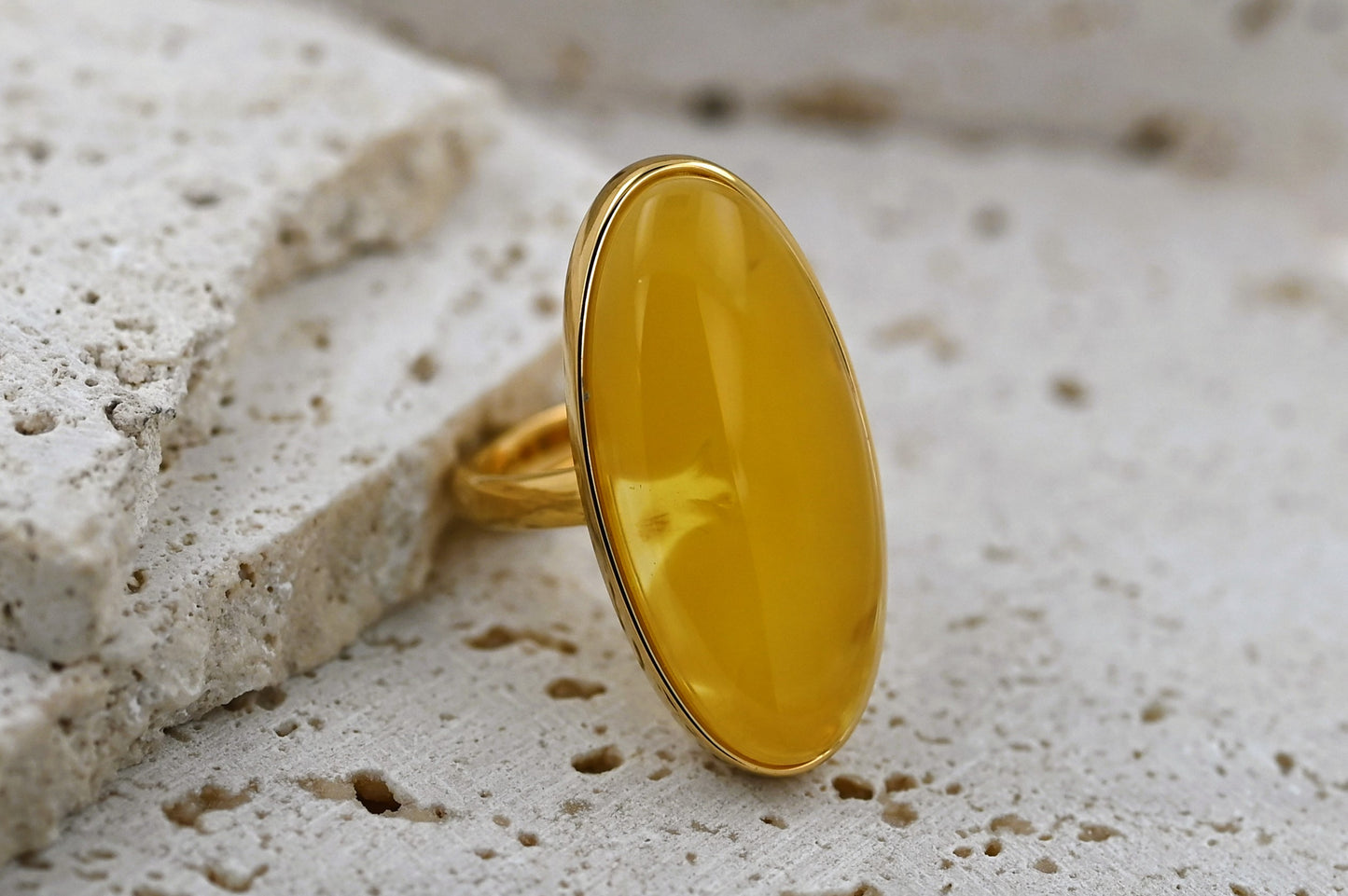 Large Baltic Amber Ring, Yellow, Gold-plated Silver