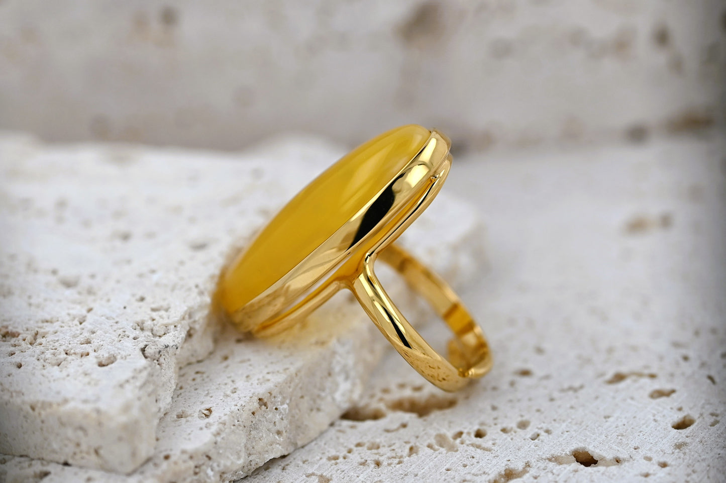 Large Baltic Amber Ring, Yellow, Gold-plated Silver