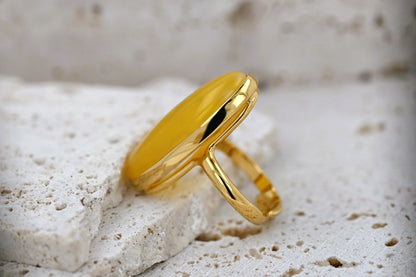 Large Baltic Amber Ring, Yellow, Gold-plated Silver