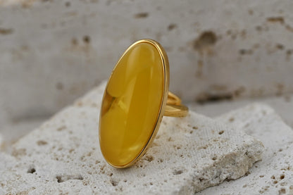 Large Baltic Amber Ring, Yellow, Gold-plated Silver