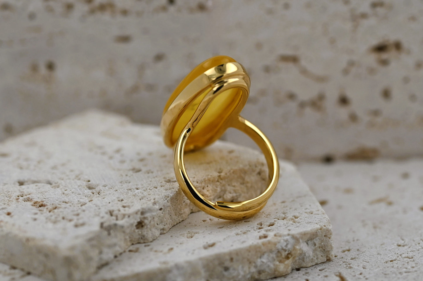 Large Baltic Amber Ring, Yellow, Gold-plated Silver