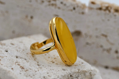 Large Baltic Amber Ring, Yellow, Gold-plated Silver