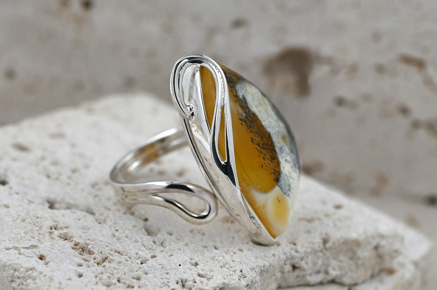 Modern Unique White Baltic Amber, Silver 925