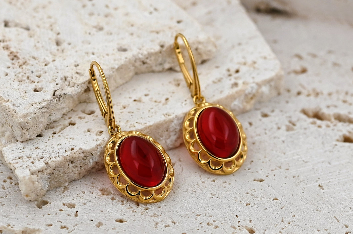 Earrings Amber Elegance, Red, Gold-plated Silver 925