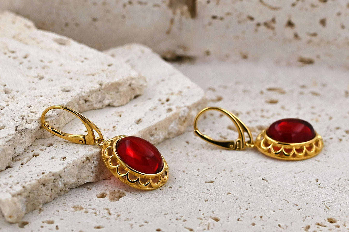 Earrings Amber Elegance, Red, Gold-plated Silver 925