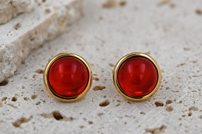 Amber Aura Stud Earrings, Red, Gold Plated Silver 925