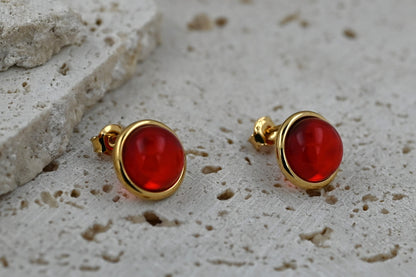 Amber Aura Stud Earrings, Red, Gold Plated Silver 925