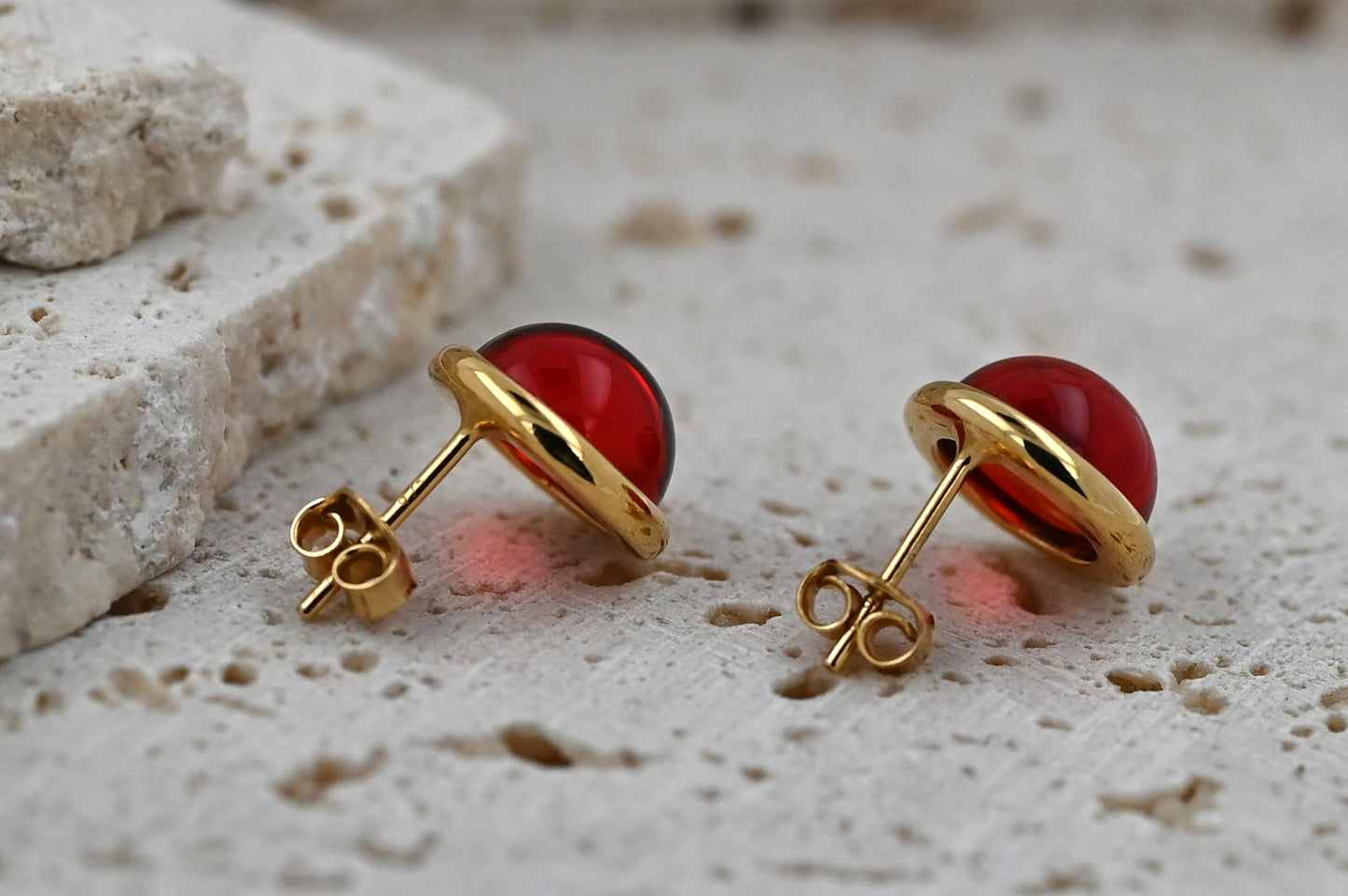 Amber Aura Stud Earrings, Red, Gold Plated Silver 925