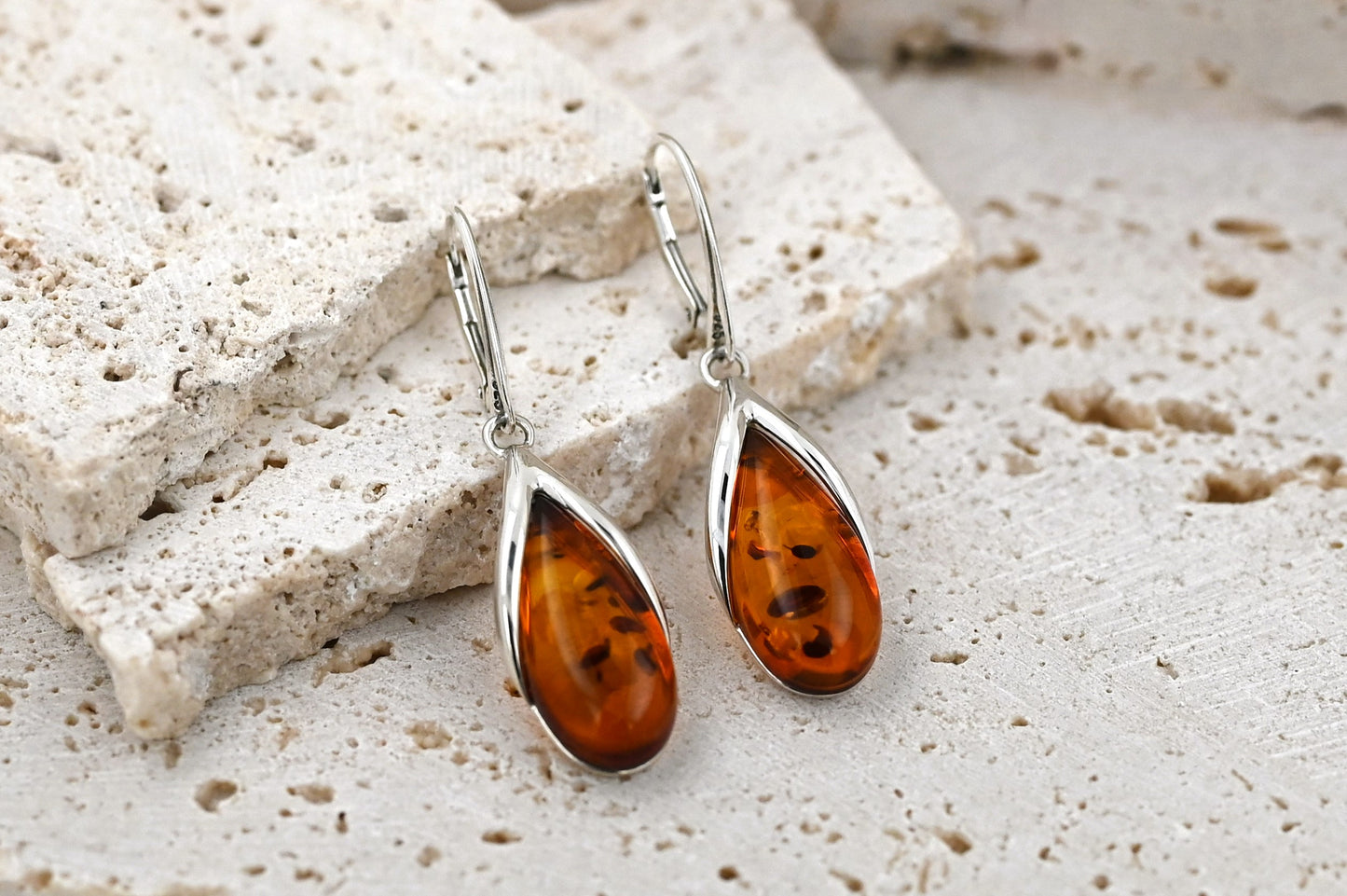 Amber Drop Earrings, Cognac, Silver