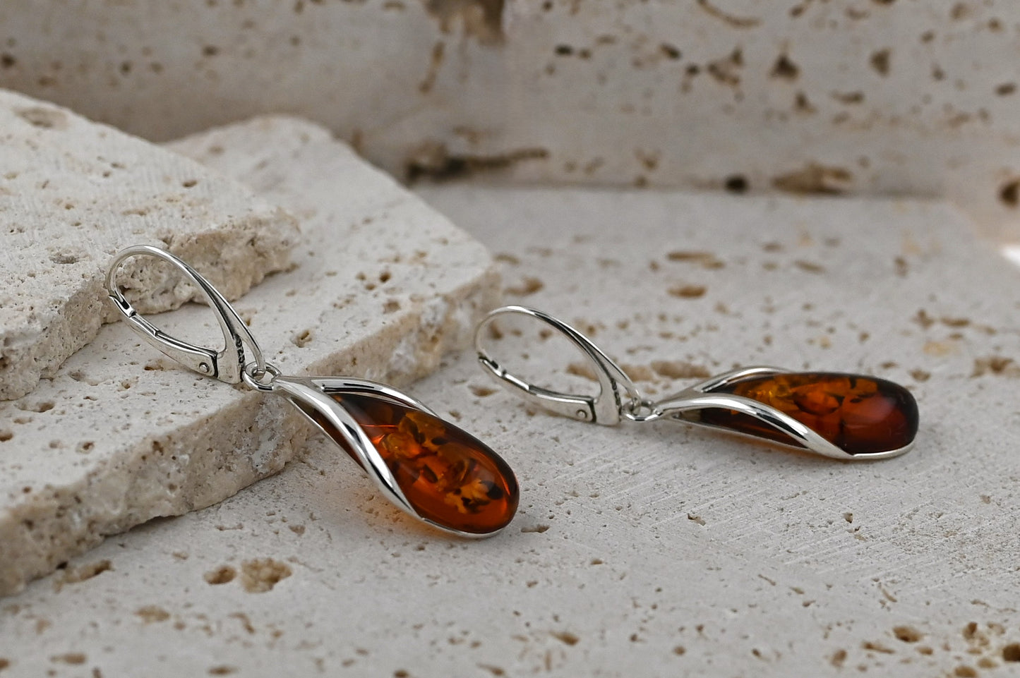 Amber Drop Earrings, Cognac, Silver