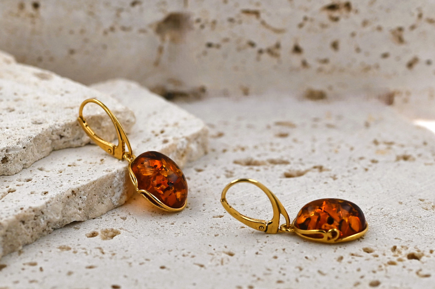 Amber Harmony Earrings, Cognac, Gold-plated Silver