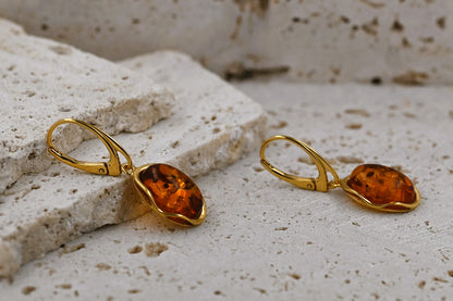 Amber Wave Earrings, Cognac, Gold-plated 925 silver