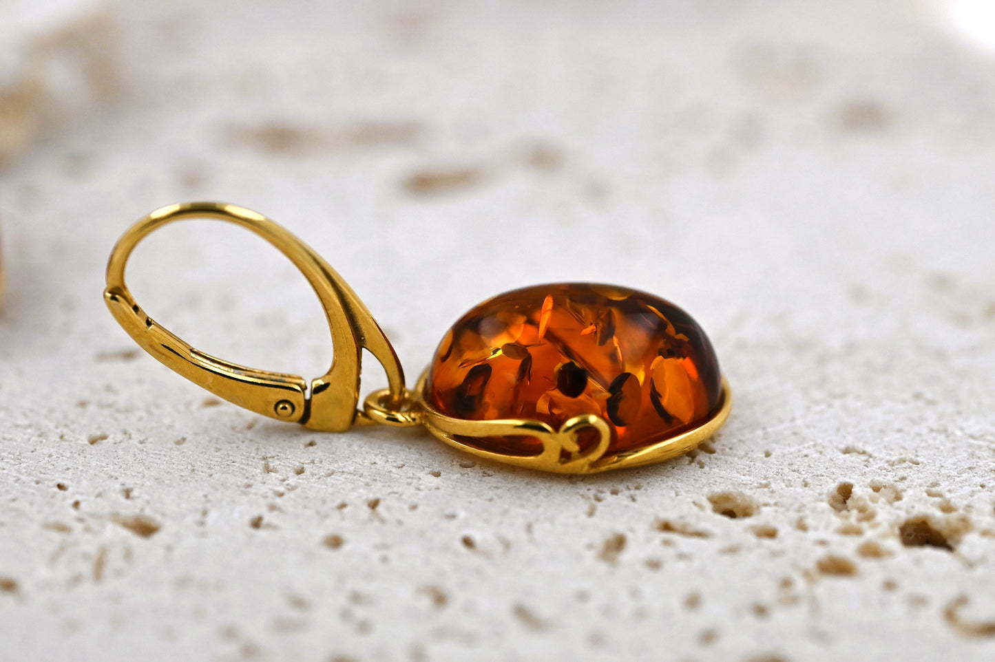 Amber Harmony Earrings, Cognac, Gold-plated Silver