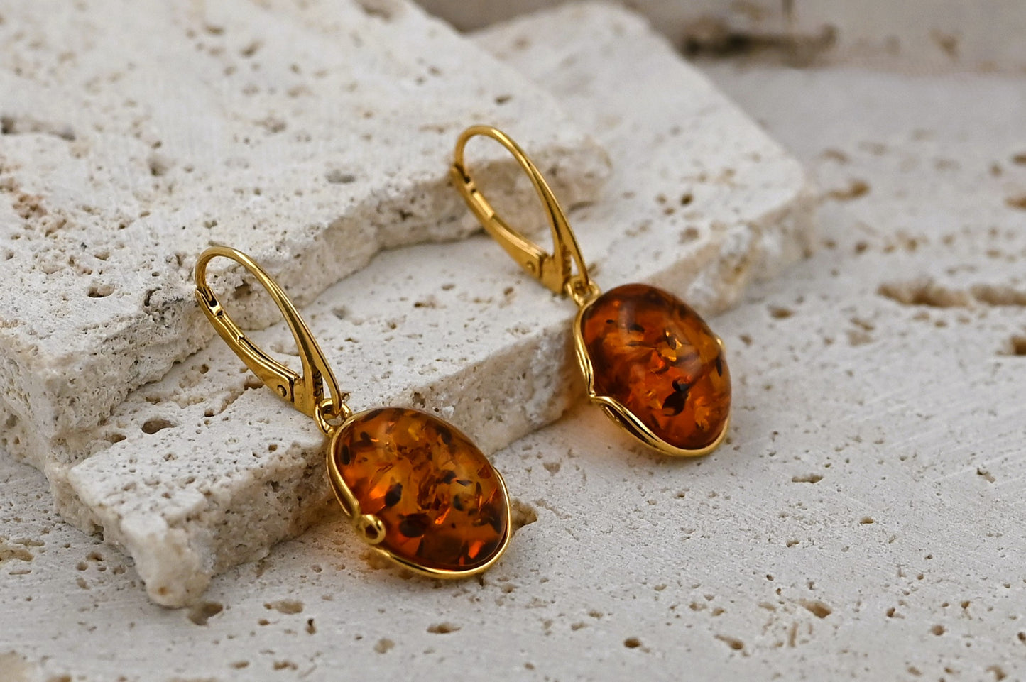 Amber Harmony Earrings, Cognac, Gold-plated Silver