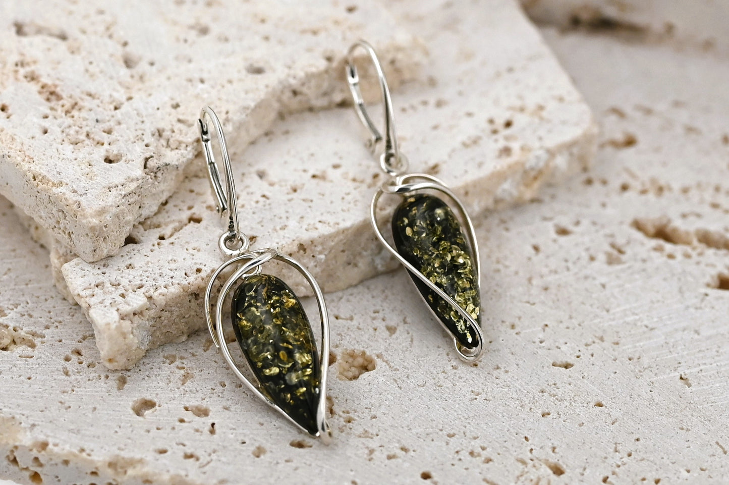 Amber Moon Earrings, Green, Silver 925